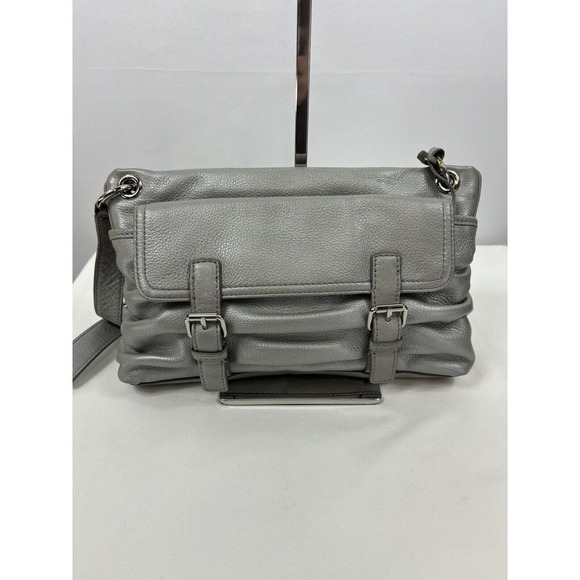 Cole Haan Crossbody Bag Silver Leather Buckles Outside Pocket Zipper Closure - Picture 1 of 11